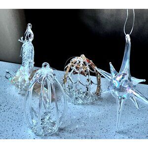 Spun Glass Ornament Set Of 4: Star Candleholder Nativity & Birdcage